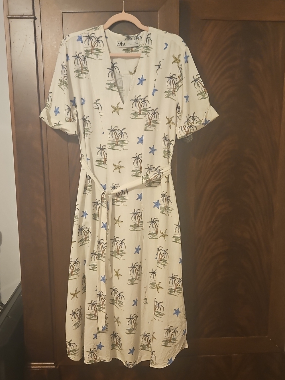ZARA - Cream Tropical Palm & Starfish Midi Dress